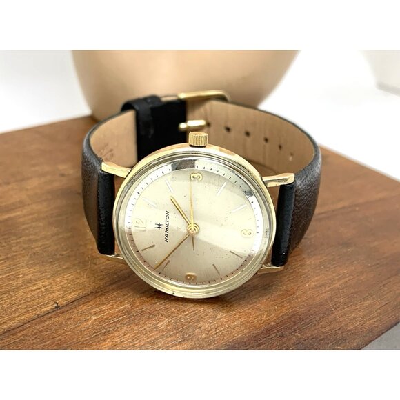 Hamilton Men's Watch Vintage Swiss Hand Wind 10k R.G.P Case Black Leather 32mm - Picture 7 of 13